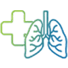 Outline of a green medical cross and blue lungs symbol."