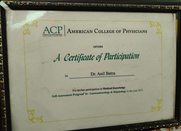 A certificate of participation from the American College of Physicians awarded to Dr. Anil Batra for medical knowledge in gastroenterology and hepatology.