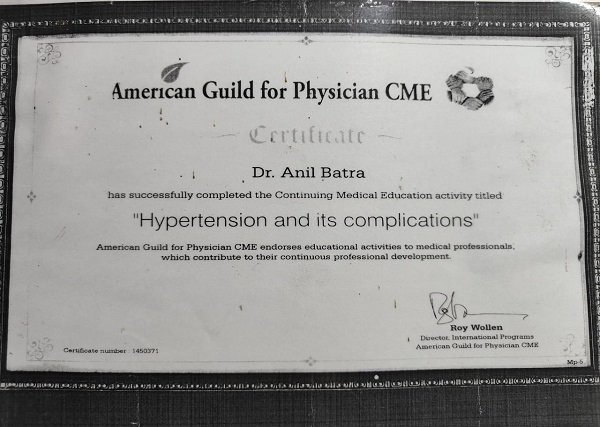 A certificate awarded to Dr. Anil Batra by the American Thyroid Association for completing a program on thyroid disorder management and current concepts in thyroidology.