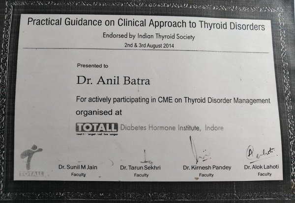 A certificate of participation from the Research & Scientific Society, Department of Medicine, Gandhi Medical College, Bhopal, dated 6th November 2004. It is awarded to Dr. Anil Batra for participating as a delegate, speaker, or chairperson in the 2nd National Medicine Update 2004 event.