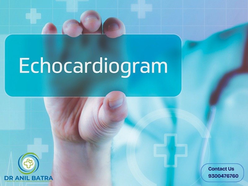 A hand holding a digital screen that reads "Echocardiogram," with a medical professional in the background. The logo for Dr. Anil Batra is displayed in the lower left corner.