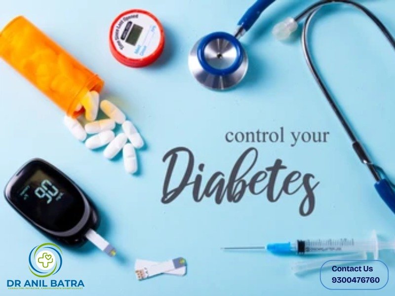 Medical tools and medications for diabetes management, including a glucose meter showing a reading of 90, pills, syringe, stethoscope, and insulin pen. The text "control your Diabetes" is visible. Dr. Anil Batra's logo and contact information are present in the lower left and right corners.