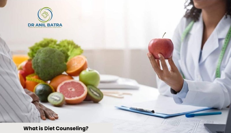 Dr Batra’s Expert Diet Counseling​ Personalized Nutrition for Better Health discussing diet counseling with a patient. Various fruits, including oranges, broccoli, and grapefruit, are displayed on a table.