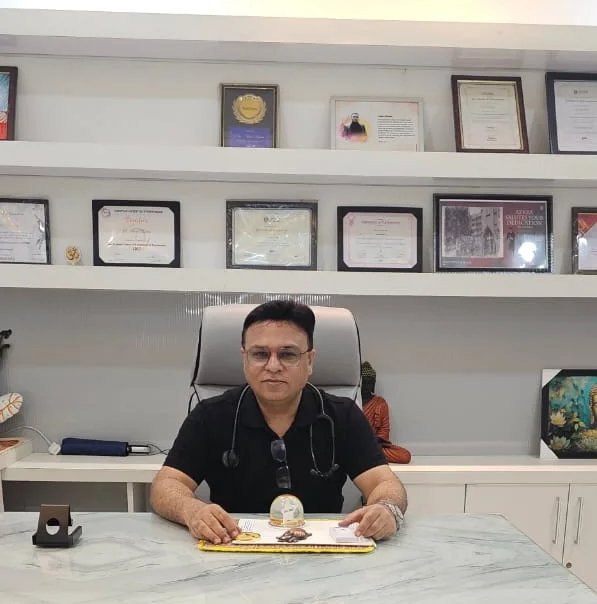 Dr. Anil Batra is sitting at his desk, wearing a black shirt with a stethoscope around his neck. Behind him, a display of framed certificates and awards is visible on the wall.