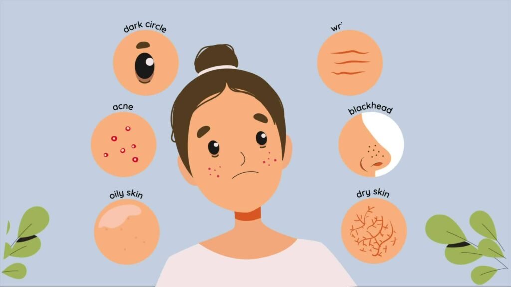 Skin Problems by Dr Anil Batra​ A side profile of a woman with clear skin tied in a bun, featuring close-up hexagonal overlays on her cheek displaying skin issues such as dryness, irritation, and acne.