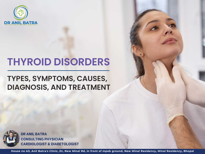 Patient undergoing thyroid examination by a healthcare professional, highlighting thyroid disorders including symptoms, diagnosis, and treatment, at Dr. Anil Batra's Clinic in Bhopal.