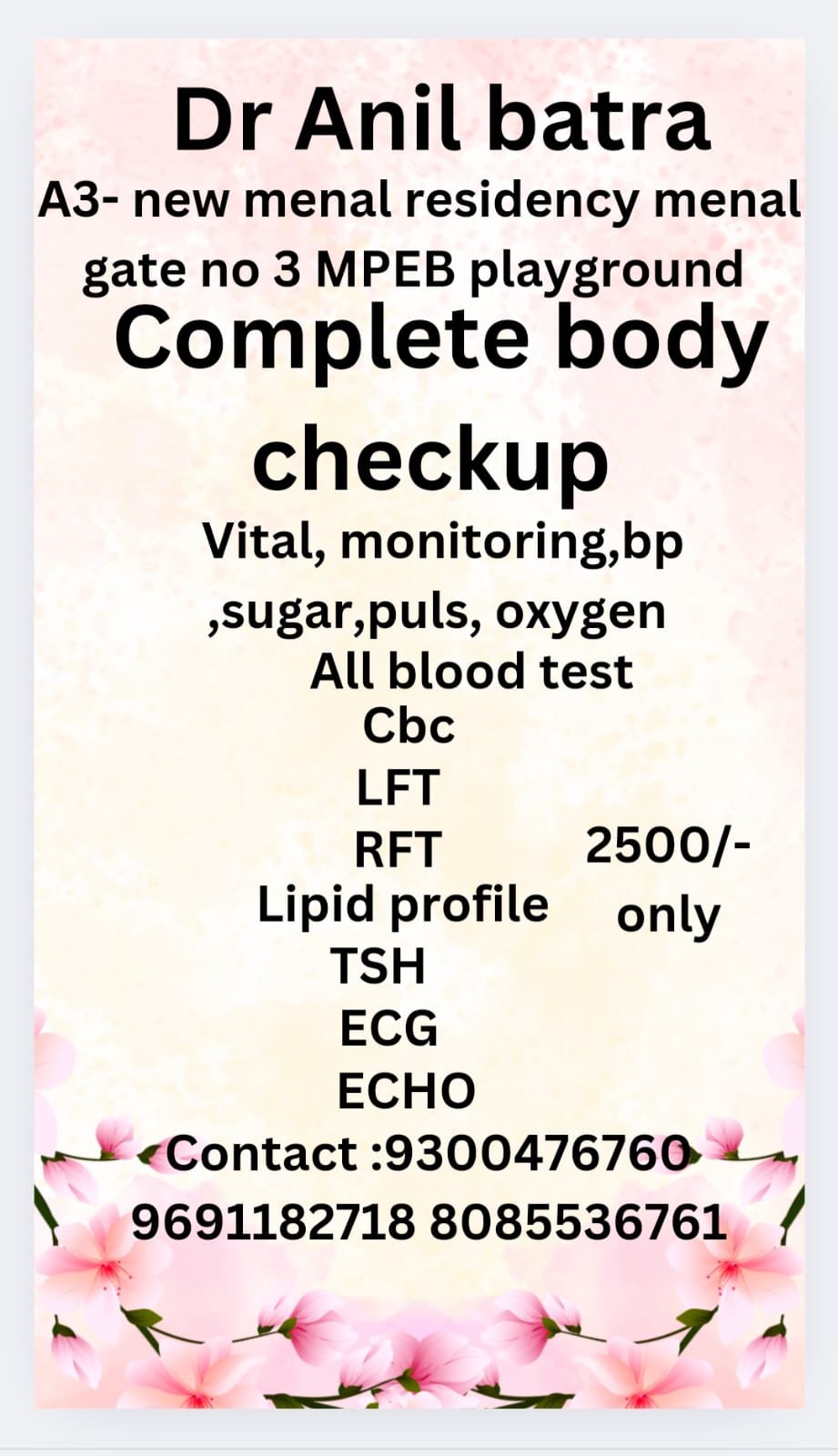 Flyer advertising complete body checkup services by Dr. Anil Batra in New Minal Residency, Bhopal, including blood tests, ECG, ECHO, and vital monitoring for an affordable price.