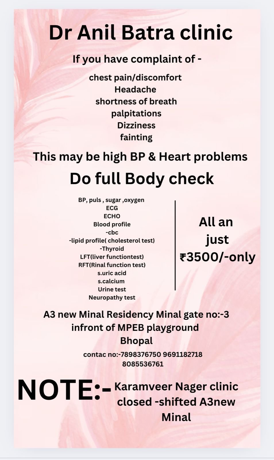 Flyer detailing full body checkup services by Dr. Anil Batra Clinic in Bhopal, highlighting tests for heart and BP-related issues, including ECG, ECHO, blood tests, and neuropathy screening.